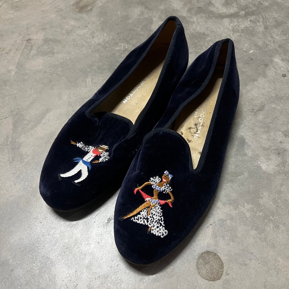 Stubbs & Wootton Navy Embroidered Dancer Couple Slippers Loafers Size 9 Spain